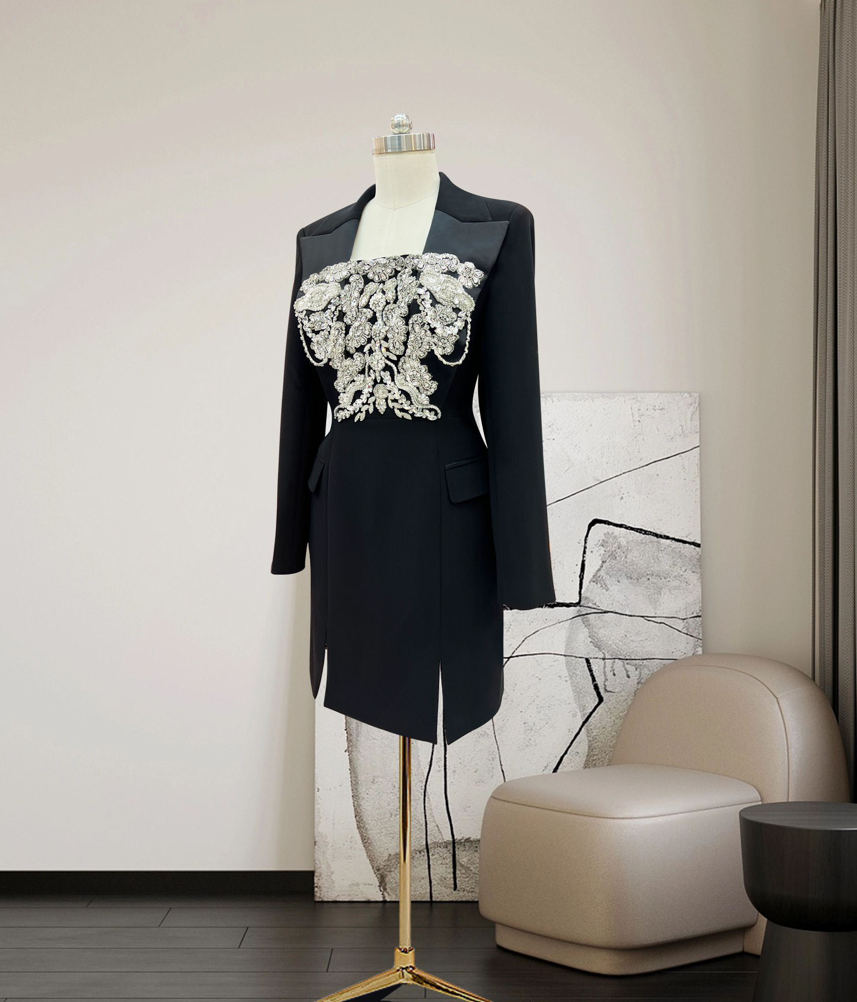 New Summer 3D Square Neck Black Beaded A-line Dress