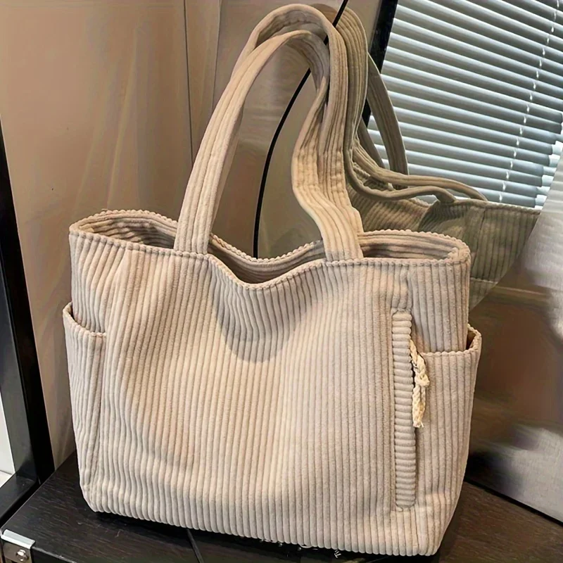 Bolsa casual de veludo com fecho de zíper, leve e alça de ombro fixa de grande capacidade, cor sólida, bolsa diária para viagem