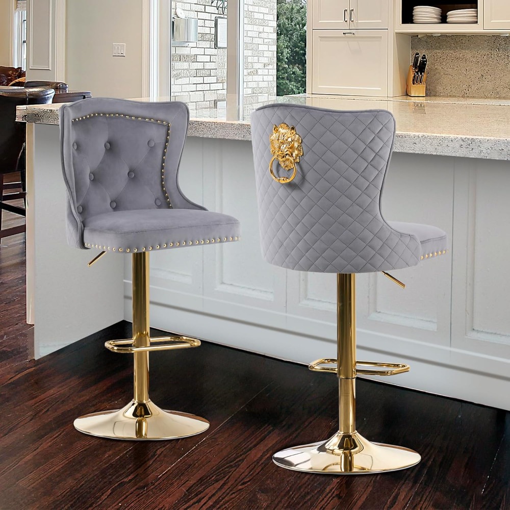 Gold swivel bar stools set of 2, velvet bar stools, high wingback modern upholstered bar chair