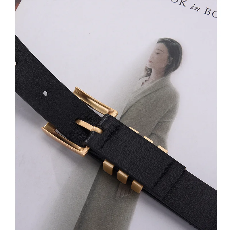 2023 ใหม่แฟชั่นSilver Square Pin Buckleเข็มขัดผู้หญิงสีดําสีน้ําตาลหญิงเข็มขัดสุภาพสตรีชุดกางเกงยีนส์ปรับเข็มขัด