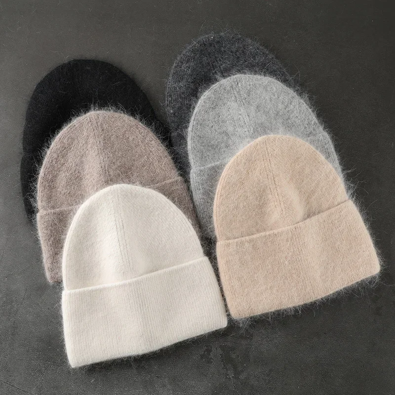 2022 Angora Mùa Đông Nữ Đi Chắc Chắn Màu Sắc Thực Lông Thỏ Beanies Người Phụ Nữ Mềm Mại Dệt Kim Bonnet Nữ Ấm Áp Trượt Tuyết Skullies beanies