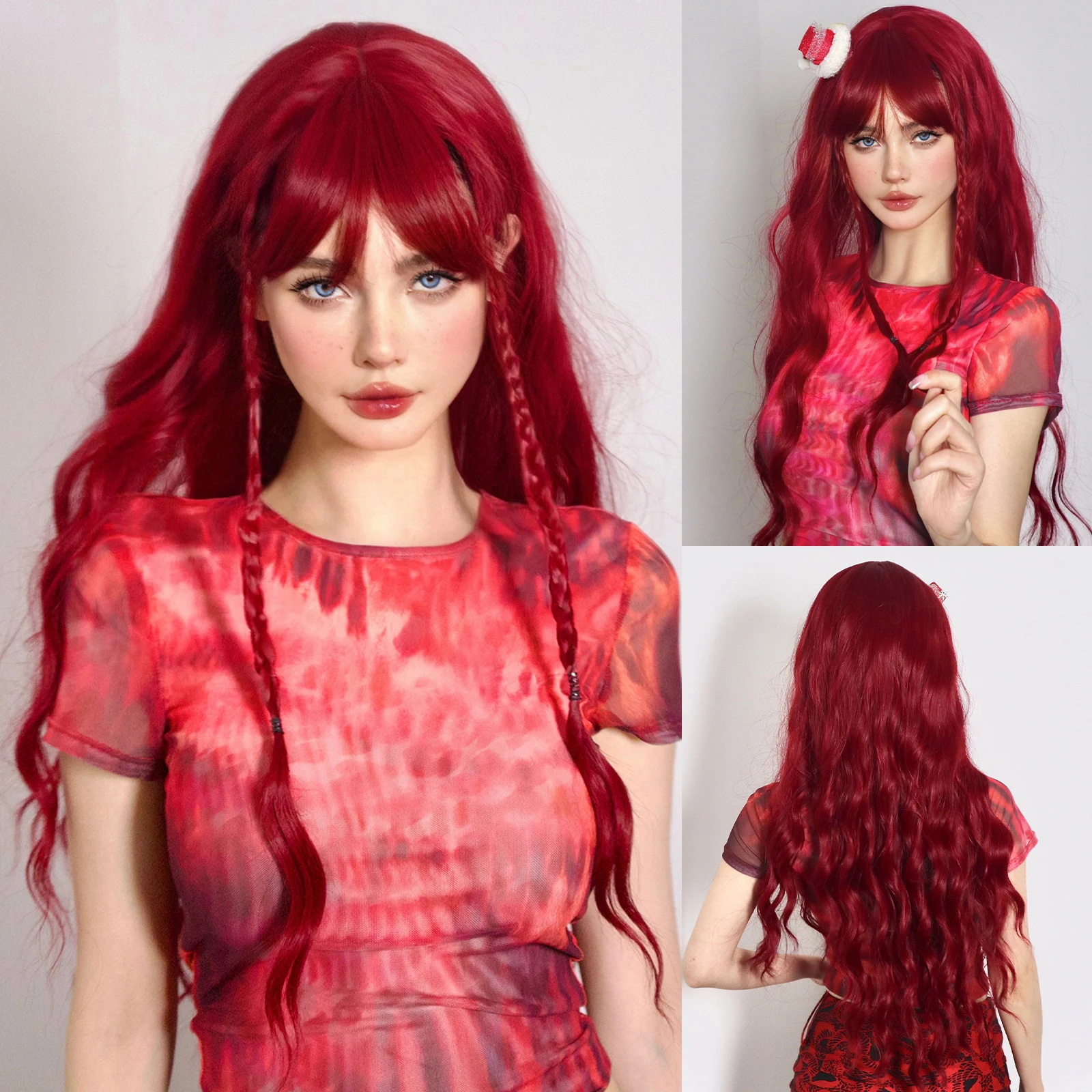 Vinho vermelho borgonha perucas sintéticas para mulheres longo encaracolado onda cosplay festa perucas vermelhas com franja natural resistente ao calor perucas diárias