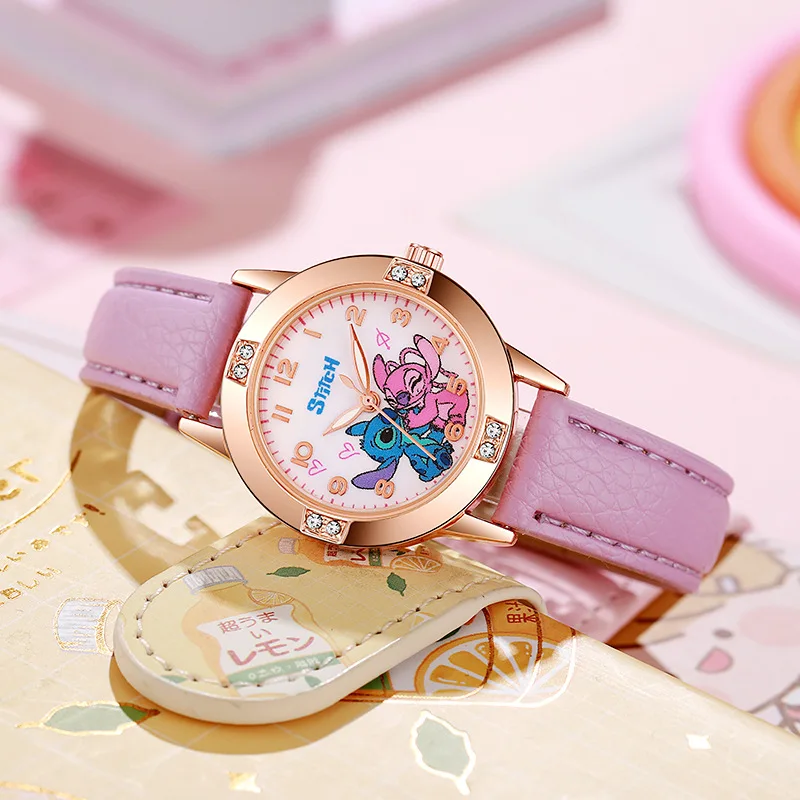 แฟชั่นการ์ตูนรูปแบบ Stitch นาฬิกาเด็กสายหนังนาฬิกาเด็ก Rhinestone Dial reloj stich ประณีตของขวัญ