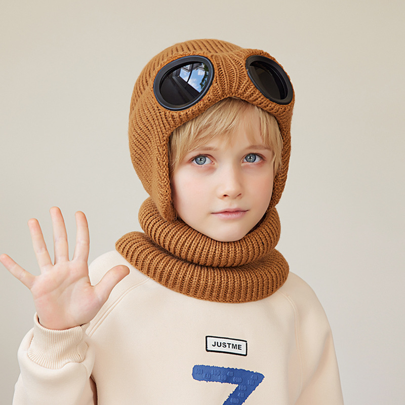 Gorro de invierno para niños de esquí, conjunto de bufanda, gorro tejido para niños con gafas, protección para los oídos, gorros para niñas y niños de 4 a 10 años