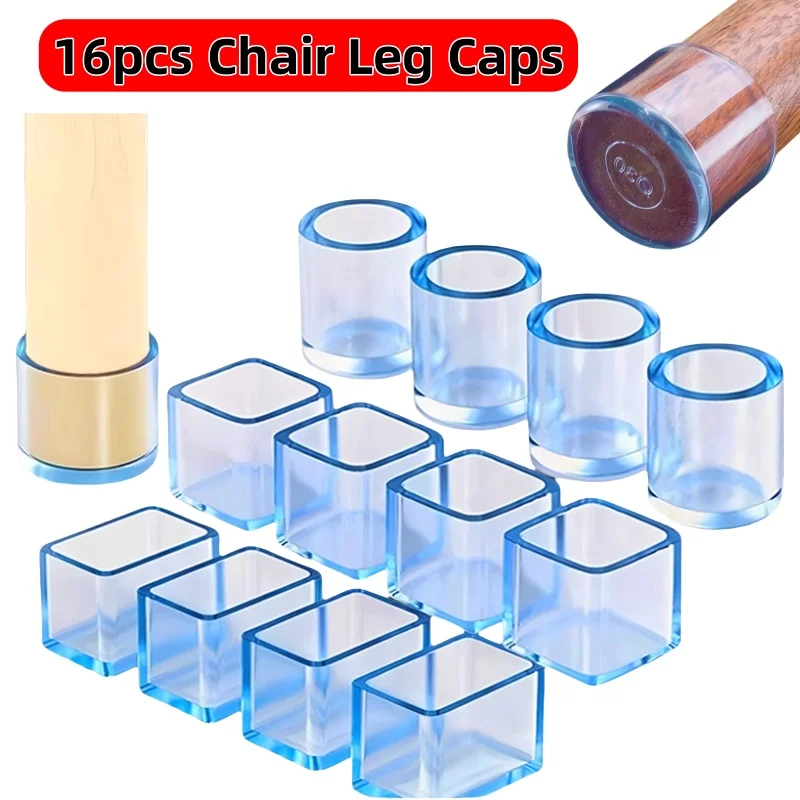 16pcs Rubber Chair Leg Caps Transparency Floors Protector Pads Home Decor Wear-resistant Non-Slip Furniture Legs Covers Tool