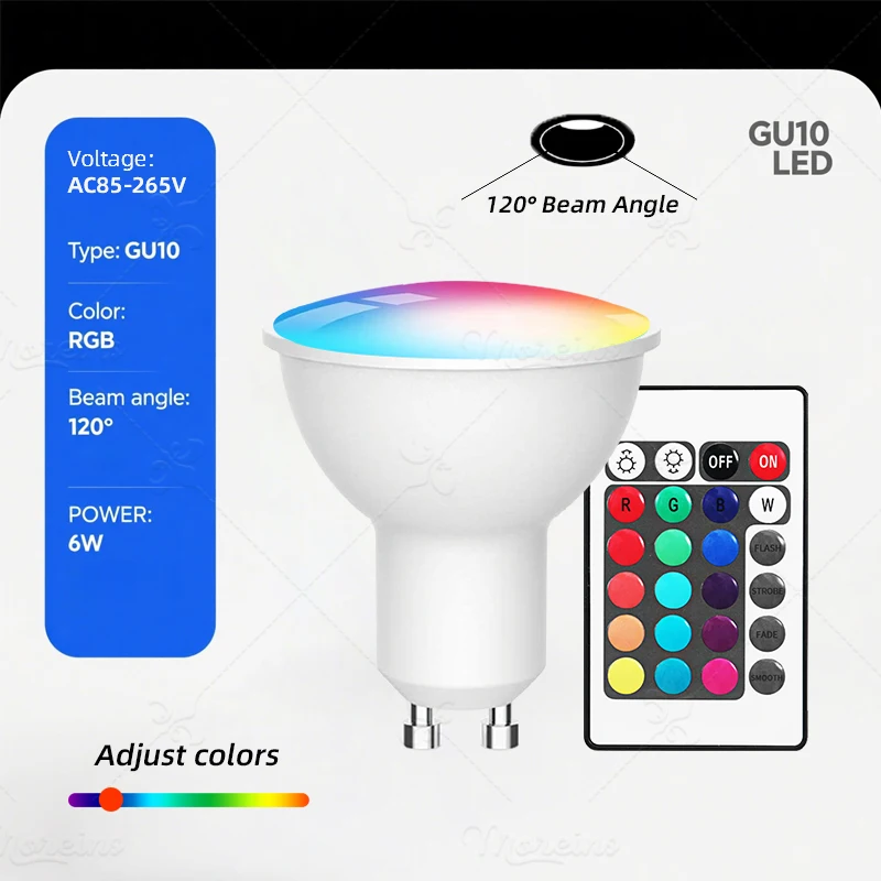 Lâmpada led rgb gu10 com controle remoto, 24 teclas, regulável, 6w, ac220v, 110v, mudança colorida para quarto, sala de estar