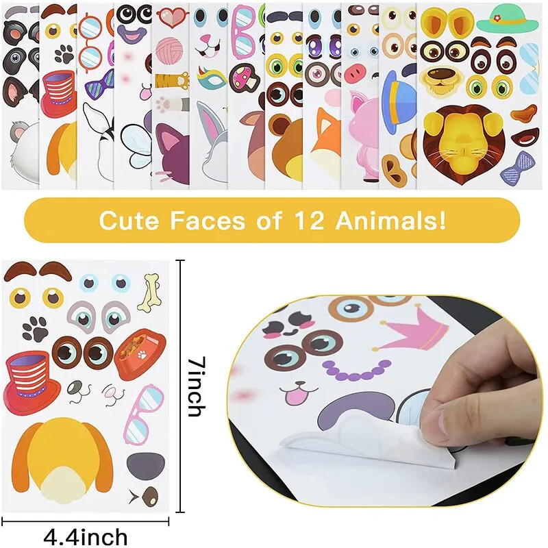 12 개 시트 어린이 DIY 퍼즐 스티커 게임 12 동물 얼굴 재미있는 조립 직소 스티커 아이 교육 장난감 소년 선물