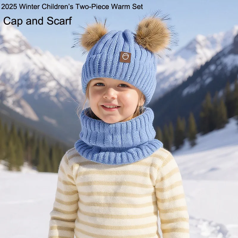 2025, Winter-Zweiteiler-Set für Kinder, Strickmütze, Mütze, Plüsch, dick, warm, Halstuch-Set, Spielen im Freien für kaltes Wetter