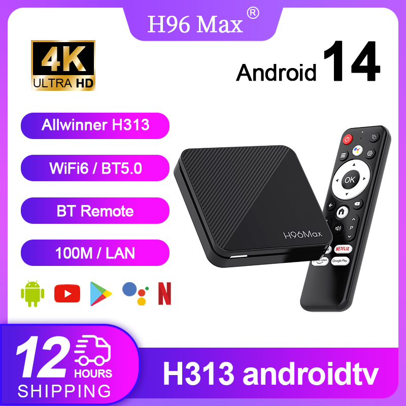 H96 MAX H313 Smart TV Box Android 14 ATV TV Box 4K @ 60fps 100M/LAN Wifi6 BT5.0 asistente de voz de Google reproductor multimedia decodificador