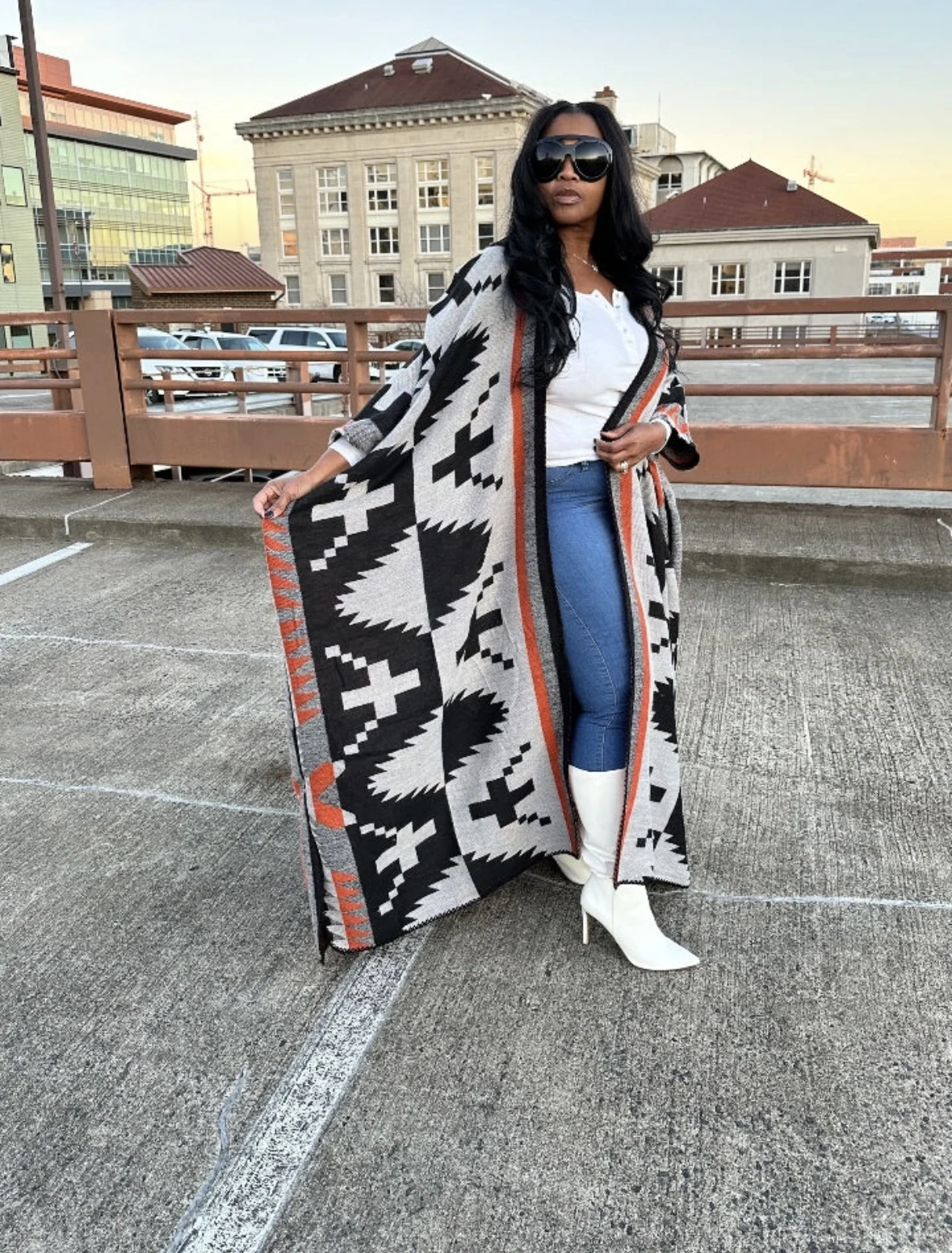 African Women's New Stylish Printed Long Warm Cardigans Plus Size African Blogger Rich Lady Loose Open Front Kimonos With Caps