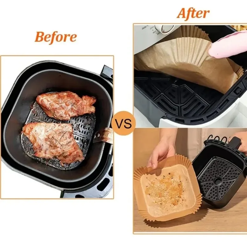 Revestimientos de papel desechables para freidora de aire, papel para hornear impermeable a prueba de aceite, pergamino redondo cuadrado y rectangular, suministros para fiestas de cocina