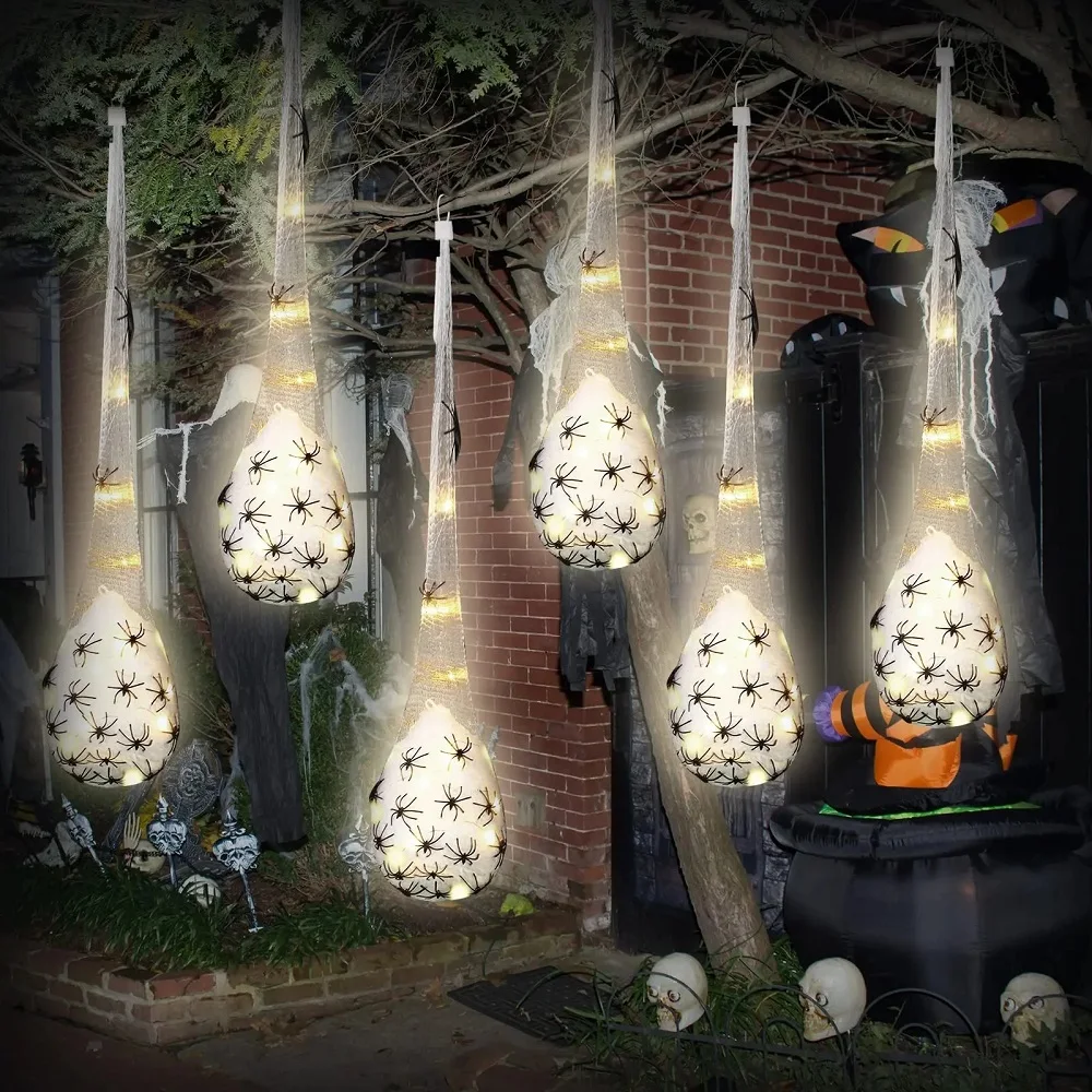 Dekoracja na Halloween Wiszące podświetlane worki na jajka pająka Dekoracja zewnętrzna Świecące jajko pajęczyny Oświetlany prezent na imprezę