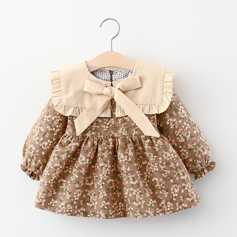 Vestido nuevo de otoño para niña, vestido de princesa de manga larga con cuello tipo Polo grande liso para niña, vestido de primavera y otoño con lazo para niña