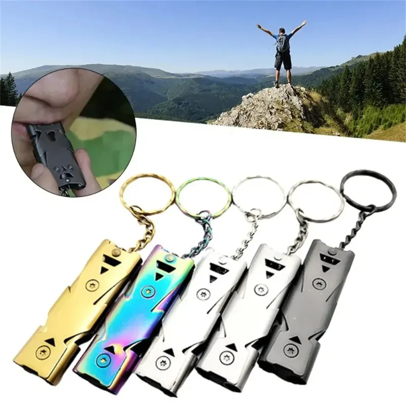 1 paquete de llavero con colgante de silbato de doble tubo, herramienta de camping de emergencia portátil de supervivencia al aire libre de alto decibelio, silbato multifunción