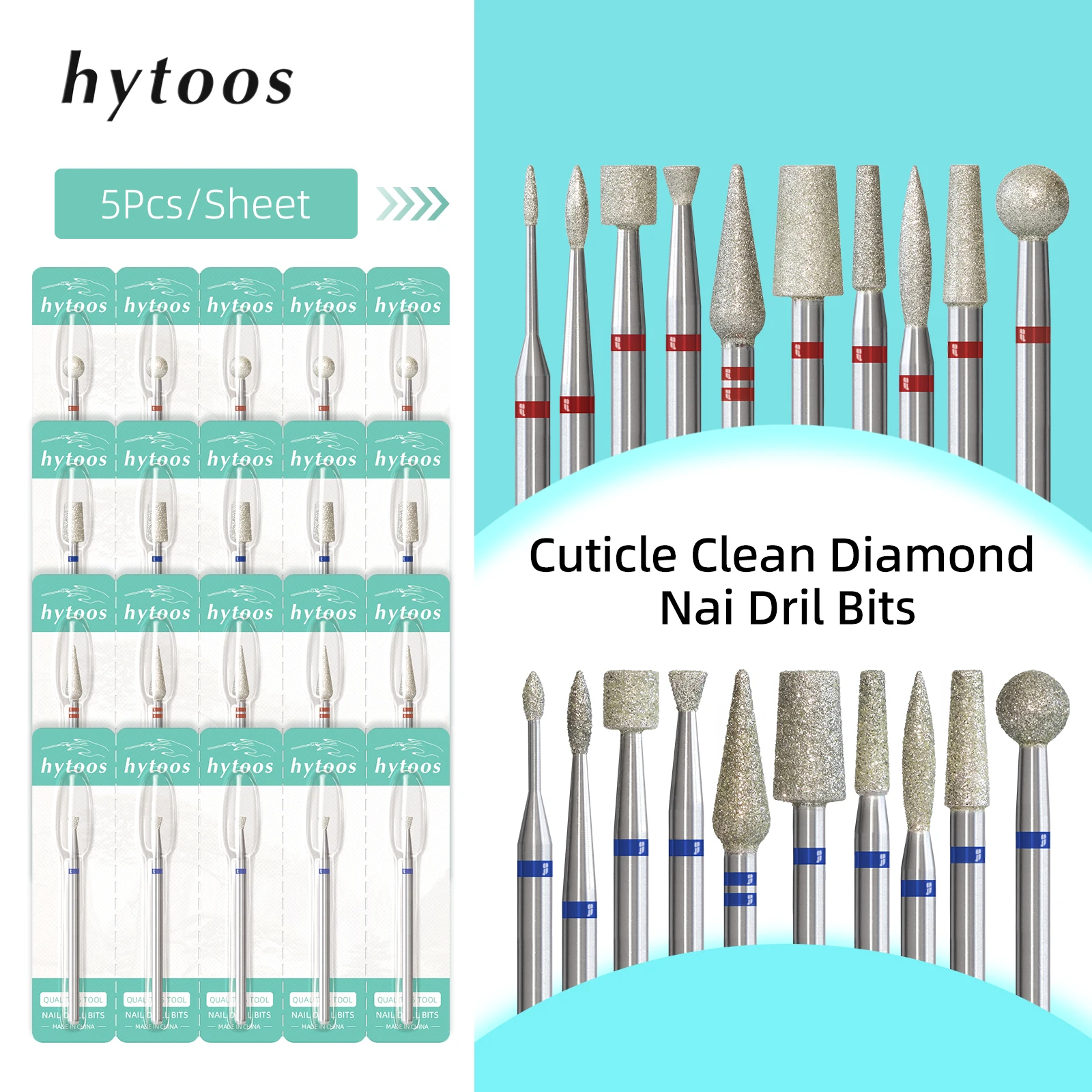 HYTOOS 5Pcs/Set Diamond Nail Drill Bits Russian Cuticle Clean Nail Bit Professional Safety Under Nail Cleaner for Dead Skin