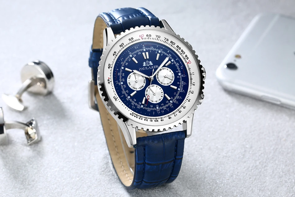 Automatic Self Wind Mechanical สแตนเลสสีดําสีน้ําตาลสีฟ้าสายหนังแท้กีฬาขนาดใหญ่ 50 มม.นาฬิกาผู้ชาย