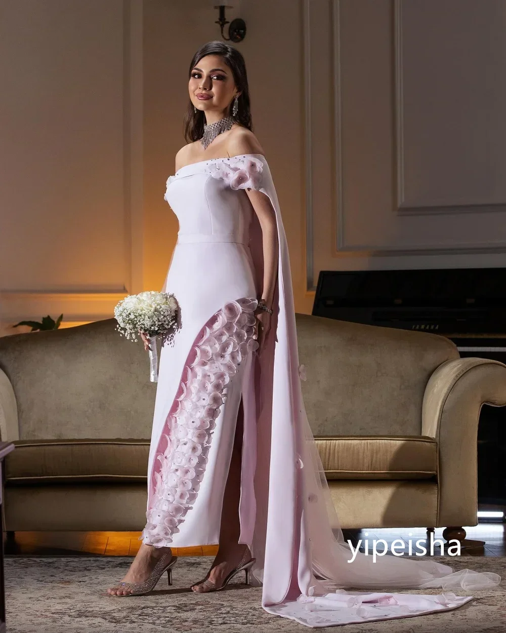 Personalizado intrincado jérsei flor a linha fora do ombro midi vestidos de baile clássico requintado estilo moderno pastrol queixo