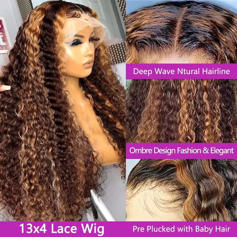 40 นิ้วไฮไลท์น้ําผึ้งสีน้ําตาล Curly ลูกไม้ด้านหน้าด้านหน้ามนุษย์ Wigs 13x6 สี Ombre 13x4 Deep Wave วิกผมลูกไม้ด้านหน้าด้านหน้าความหนาแน่น 200