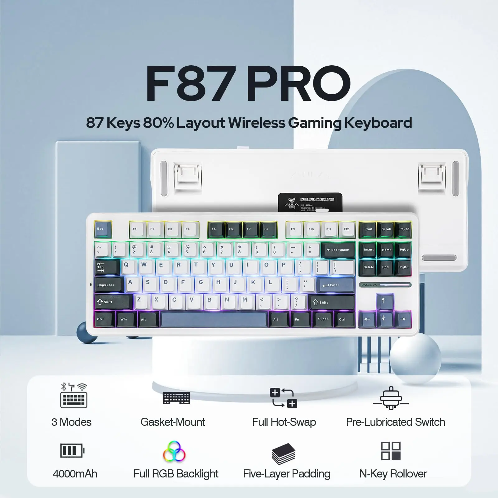Aula F87 Pro Беспроводная механическая клавиатура с прокладкой, 87 клавиш, компактная игровая клавиатура TKL Tri-Mode BT/2.4G/Tpye-C RGB с возможностью горячей замены