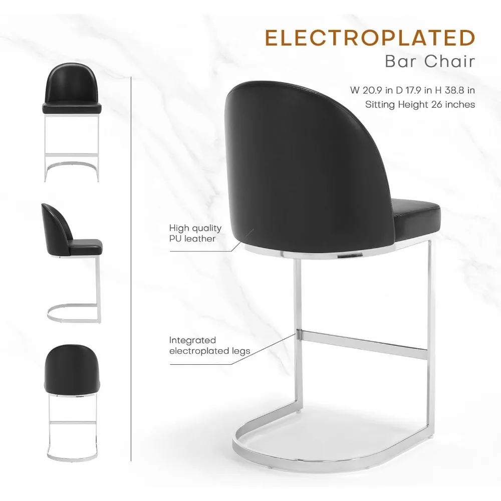 Counter Height Bar Stools Set of 3, 26" Upholstered Faux Leather Counter Stool with Scalloped Back and Metal Frame,