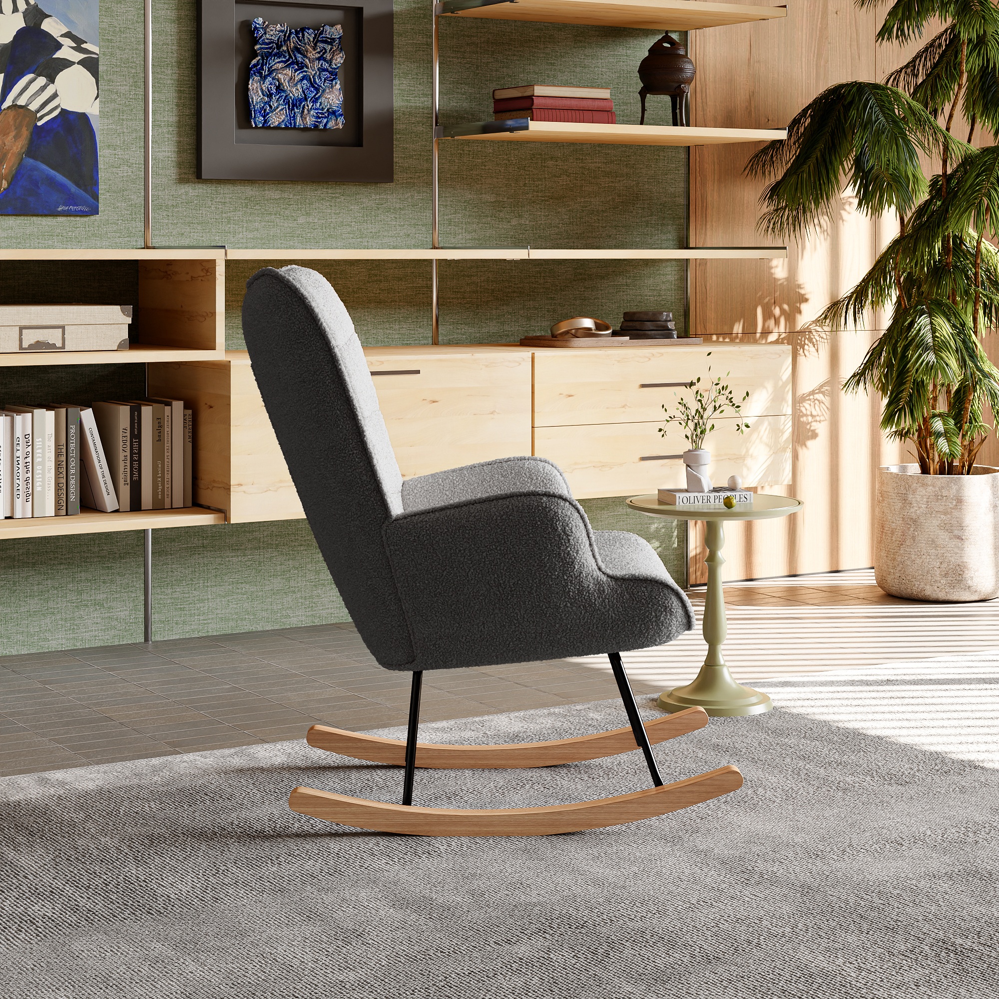 Anajqaqia Mecedora de ocio, mecedora con respaldo a cuadros y base de madera, tela de terciopelo de peluche