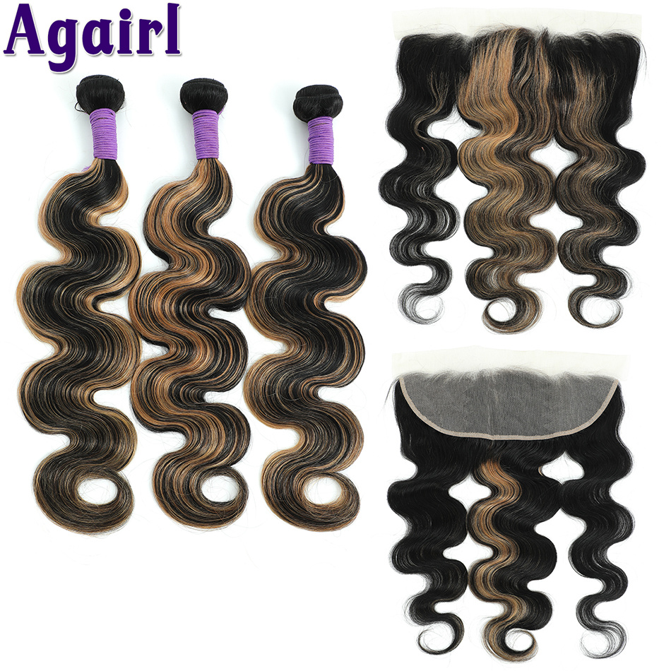 Extensiones de cabello humano brasileño con cierre, mechones ondulados de encaje Frontal, Rubio, 1B/27, 13x4