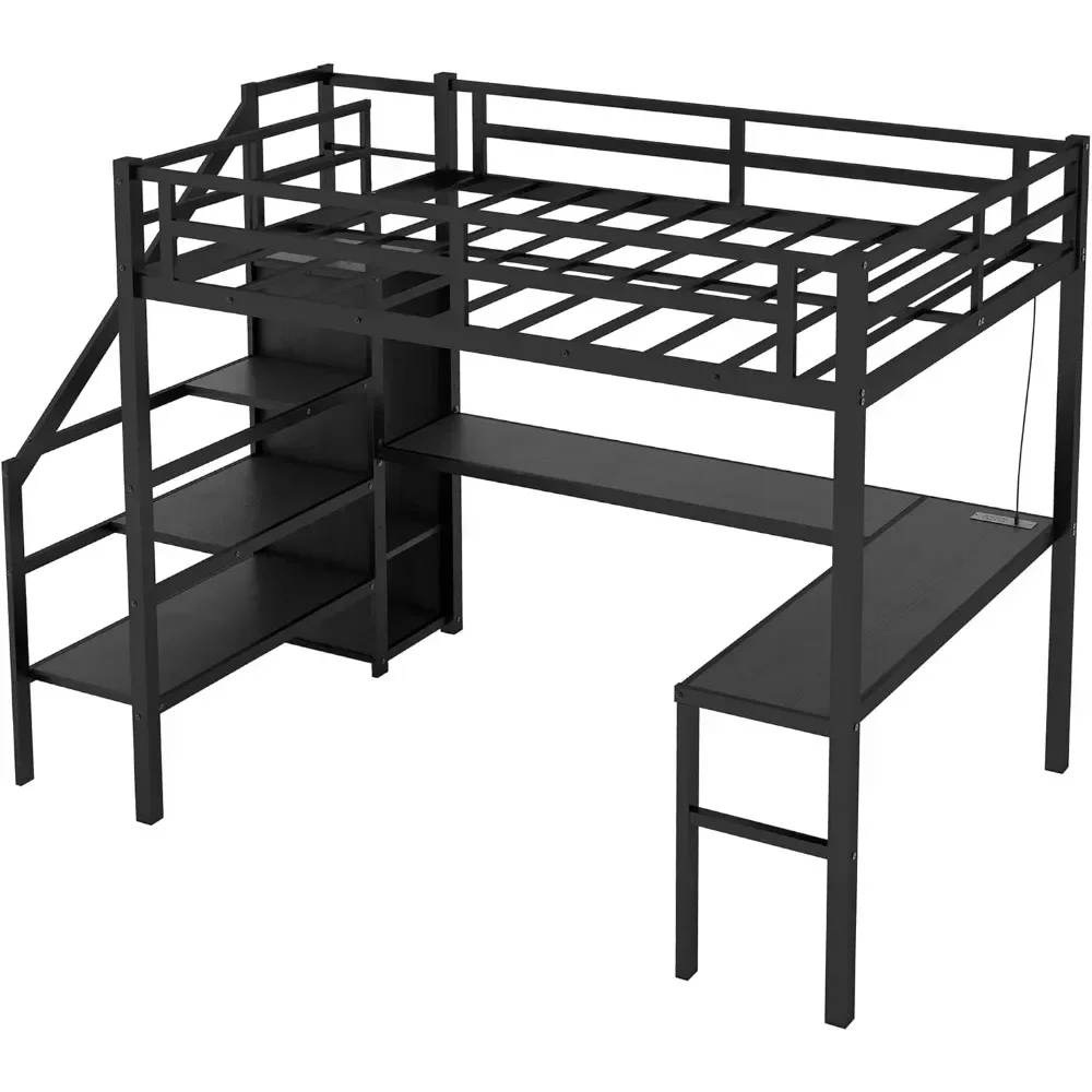 Cama alta de tamanho completo com escadas e mesa, cama alta de jogos de metal com luz LED RGB, estrutura de cama alta de aço resistente com armazenamento