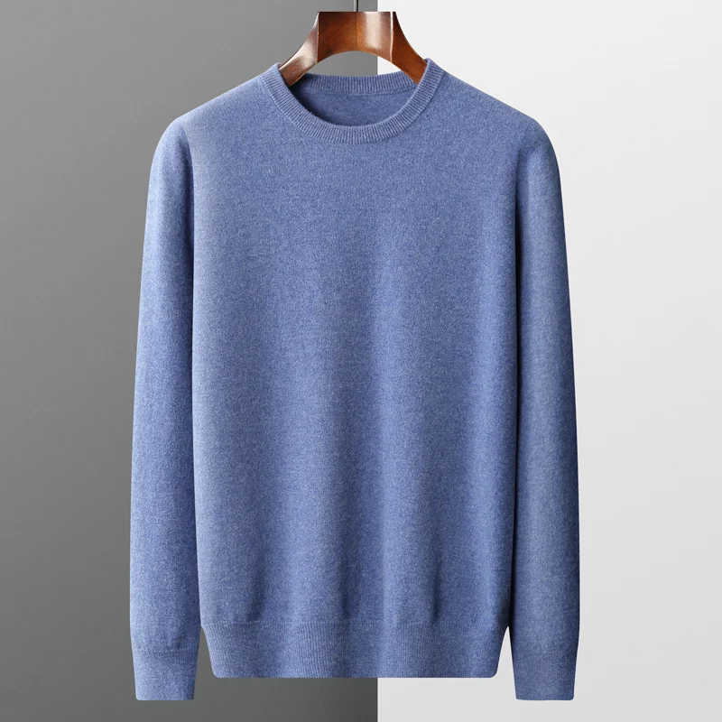 ขนสัตว์ Merino 100% เสื้อกันหนาวผู้ชาย O-คอถักเสื้อแขนยาวผู้ชาย Basic สีทึบสบายๆแฟช...