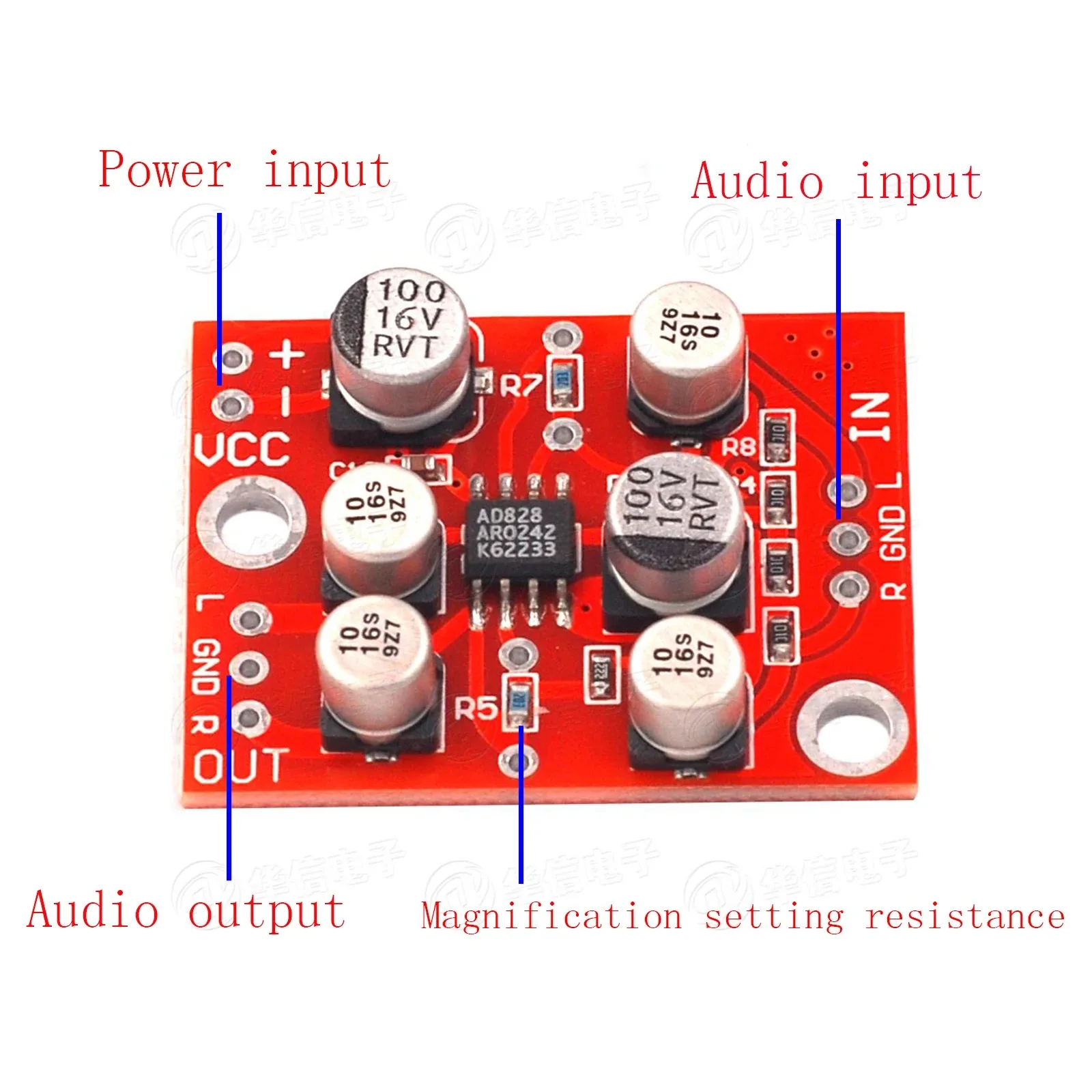 DC 5V-15V AD828 Stereo Preamp Power Amplifier Board Preamplifier Module