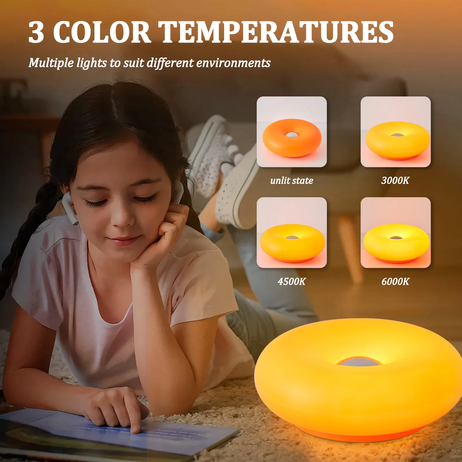 Lámpara de pared de plástico Donut, enchufe USB naranja, sala de estar, mesita de noche, mesa de estudio, ambiente LED de oficina con Interruptor táctil, iluminación Tricolor