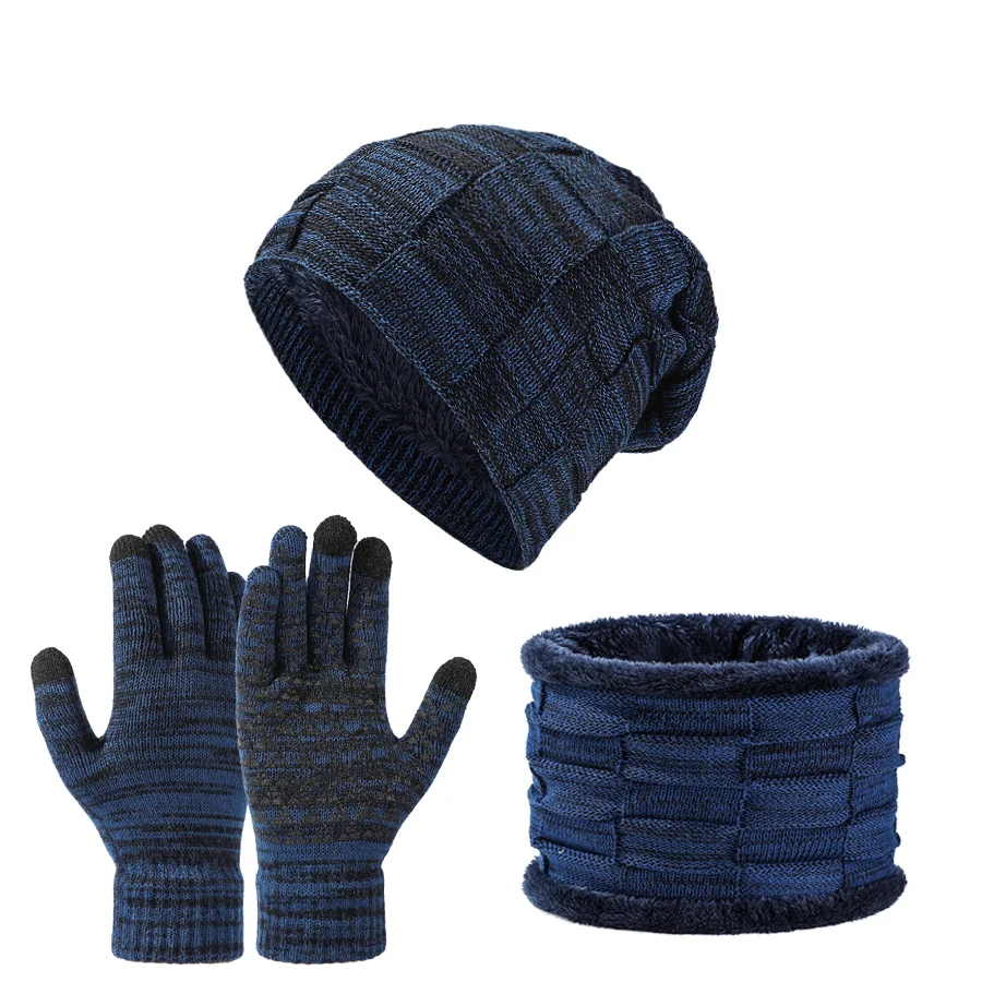Autumn Winter Unisex Warm & Soft Winter Fleece-lined Knitted Hat,Scarves And Touch Screen Gloves 3-Piece Set