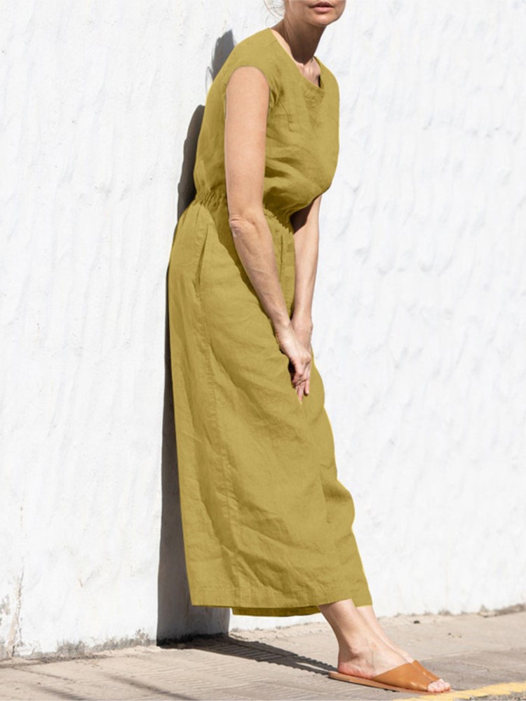 Macacão de algodão e linho feminino cor sólida sem mangas bolso cintura alta pernas largas macacões casuais viajando senhoras bodysuits