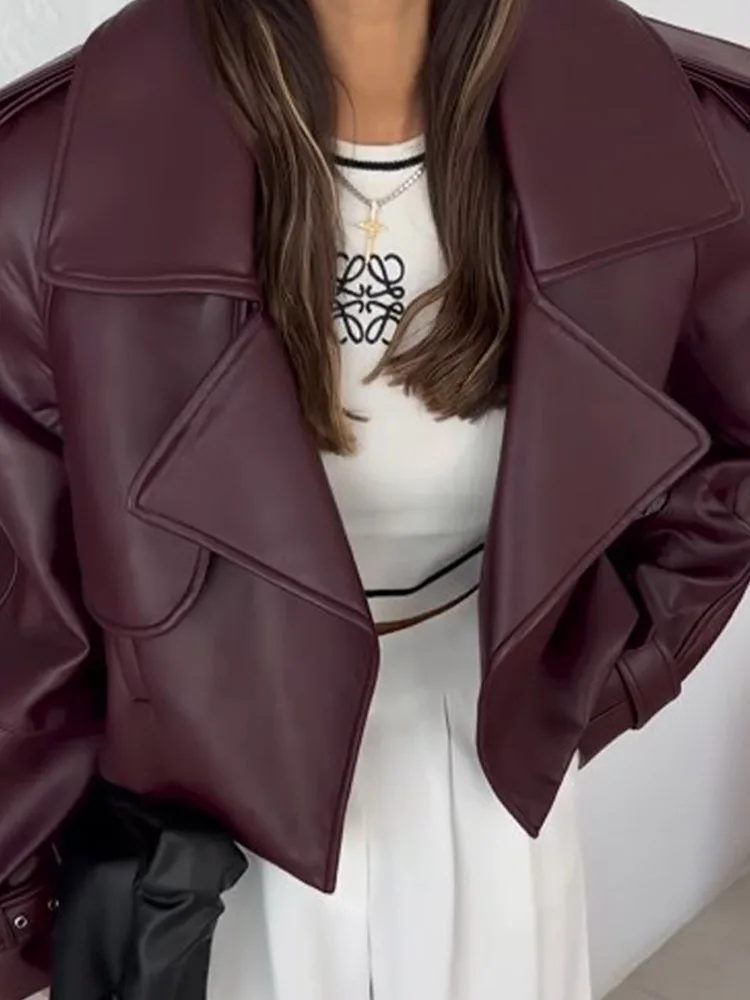 女性用ジッパー付きショートレザージャケット,モノクロジャケット,シックなラペル,長袖,ルーズフィット,クールな女の子のアウター,ストリートファッション,新しい冬,2024