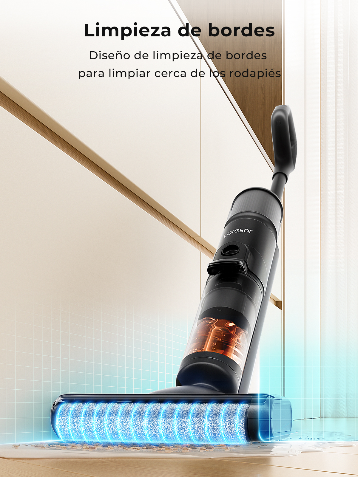 Laresar M3 Aspiradora inalámbrica para limpieza en seco y húmedo, diseño para limpieza de bordes, 55 min de autonomía, control automático de succión, lavadora de suelos autolimpiante, electrodoméstico inteligente.