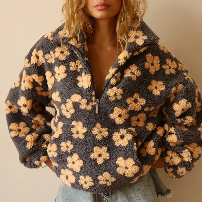 Nueva moda, sudadera holgada con cremallera y estampado de lana de cordero de imitación, Top de manga larga