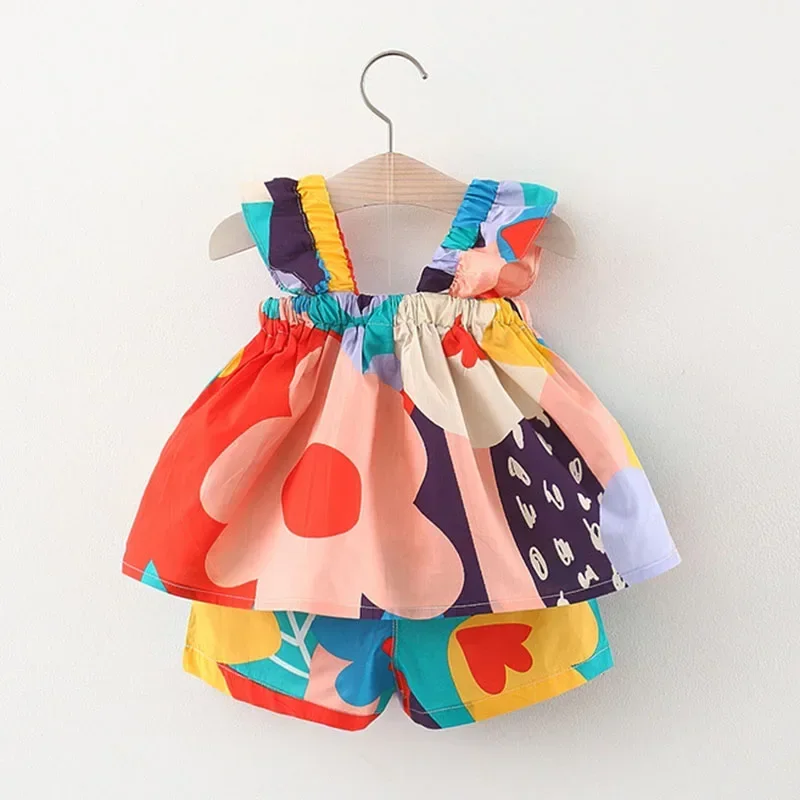 Conjuntos de ropa de verano para niñas, Top con tirantes, chaleco Floral a juego de colores + pantalones informales para niños, traje de ropa para niños pequeños