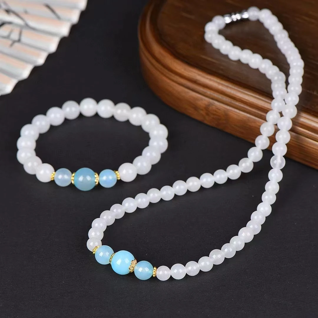 สายสร้อยและสร้อยคอหยกไหมสีทองลูกปัดกลมหินธรรมชาติสำหรับสตรีกำไลข้อมือพลอยสวยงามของขวัญสำหรับคุณแม่