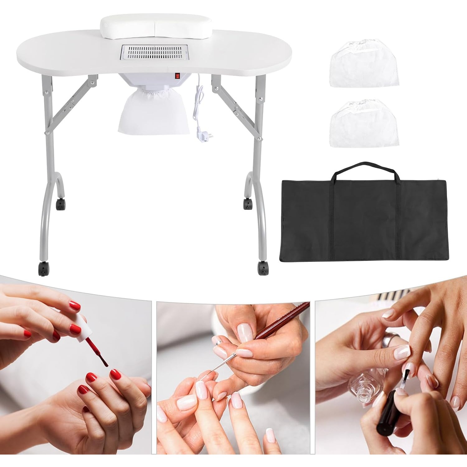 Nageltisch mit Saugnapf, Maniküretisch mit 4 Universalrädern und Staubsaugerbeuteln, Nageltisch für Haushalte, Nagelstudios