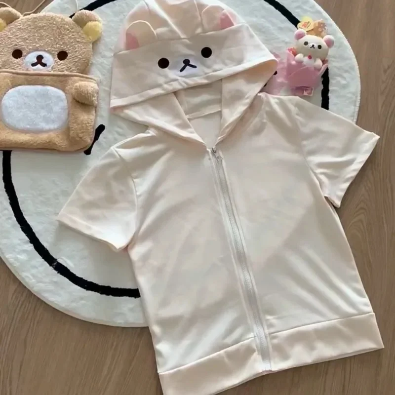 Estilo japonês rilakkuma moletom com capuz feminino bonito y2k harajuku fino ajuste jaqueta de manga comprida outono puro algodão moletom com zíper