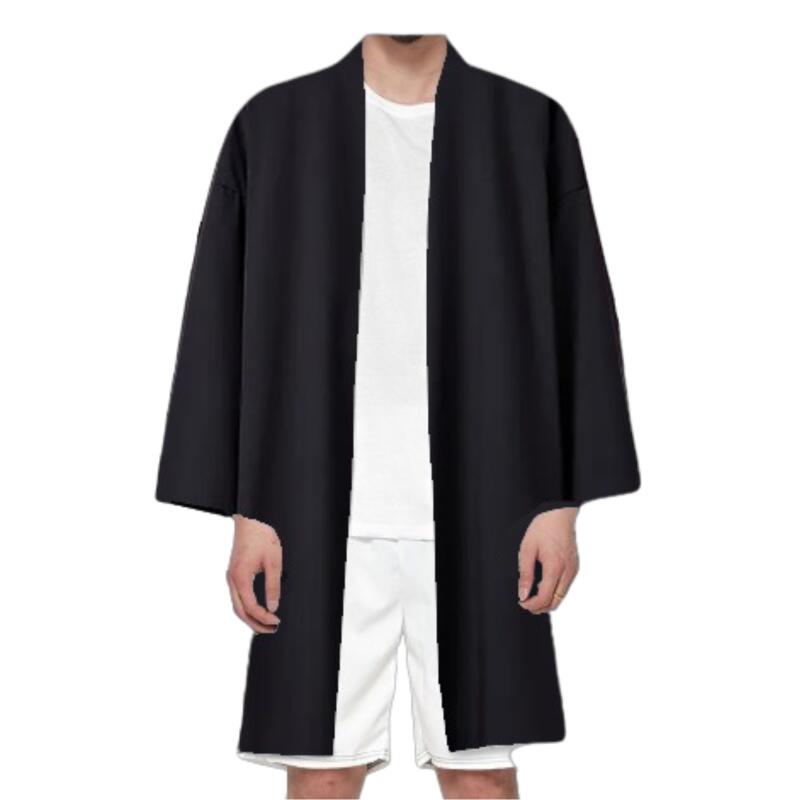 Bata negra de verano para hombre, ropa de samurái, traje tradicional asiático holgado de Color sólido, capa tipo kimono japonés para playa, abrigo protector solar