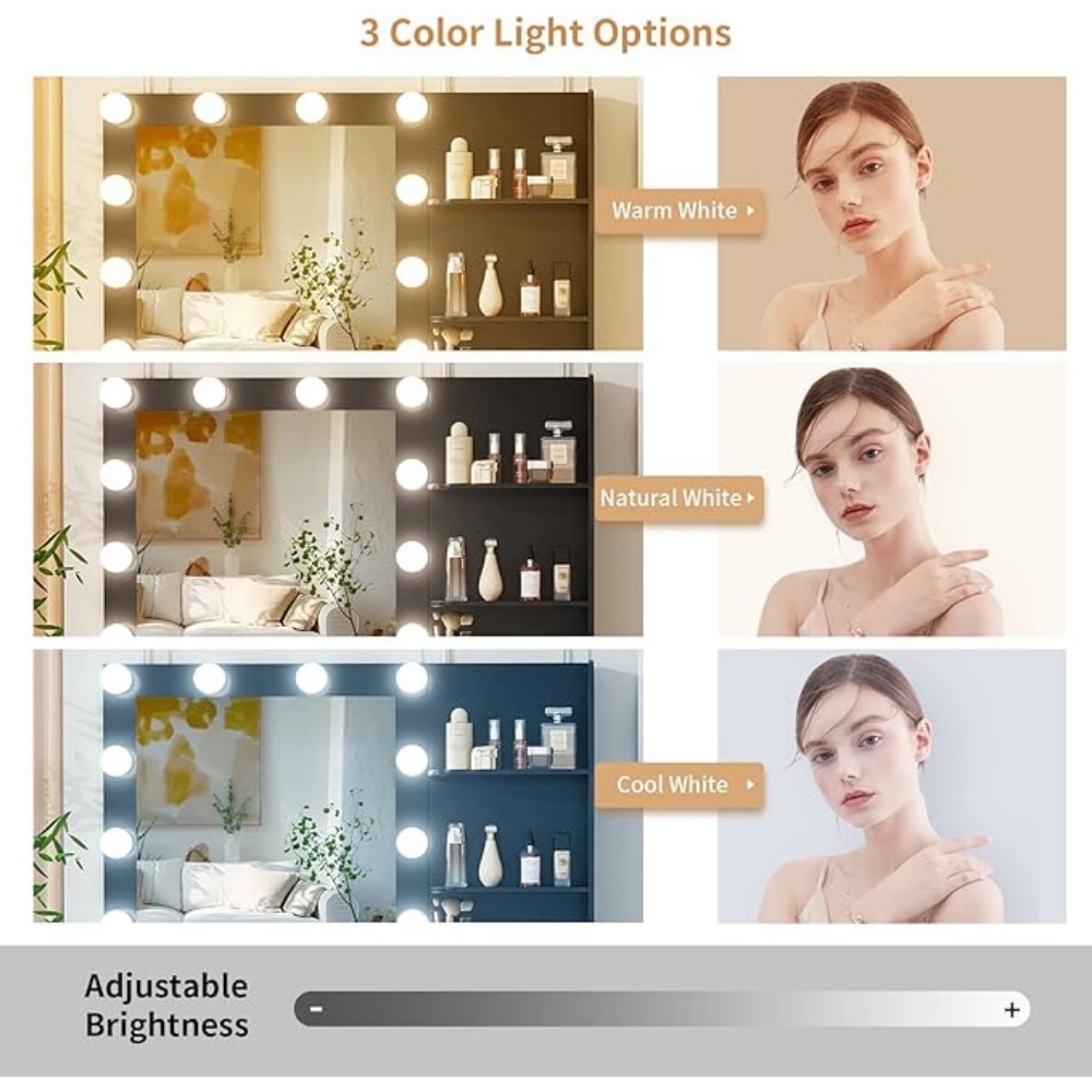 Vanity with Lighted Mirror - 47"Makeup Vanity Desk with8Drawers3Storage Shelves and Outlet, 3 Color Lighting Modes, Makeup Desk