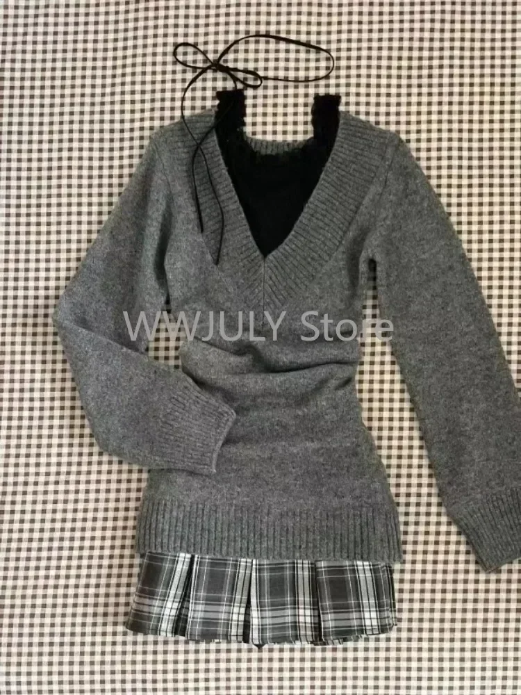 Outono inverno mulher gyaru coquette com decote em v francês vintage camisola manga longa pullovers malhas 2000s estética dinheiro velho grosso