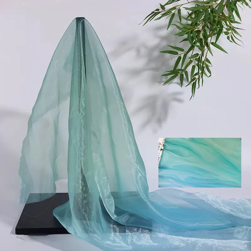 Tecido de organza gradiente colorido transparente voile gaze tecido de designer de moda para vestido hanfu diy trajes de performance de palco