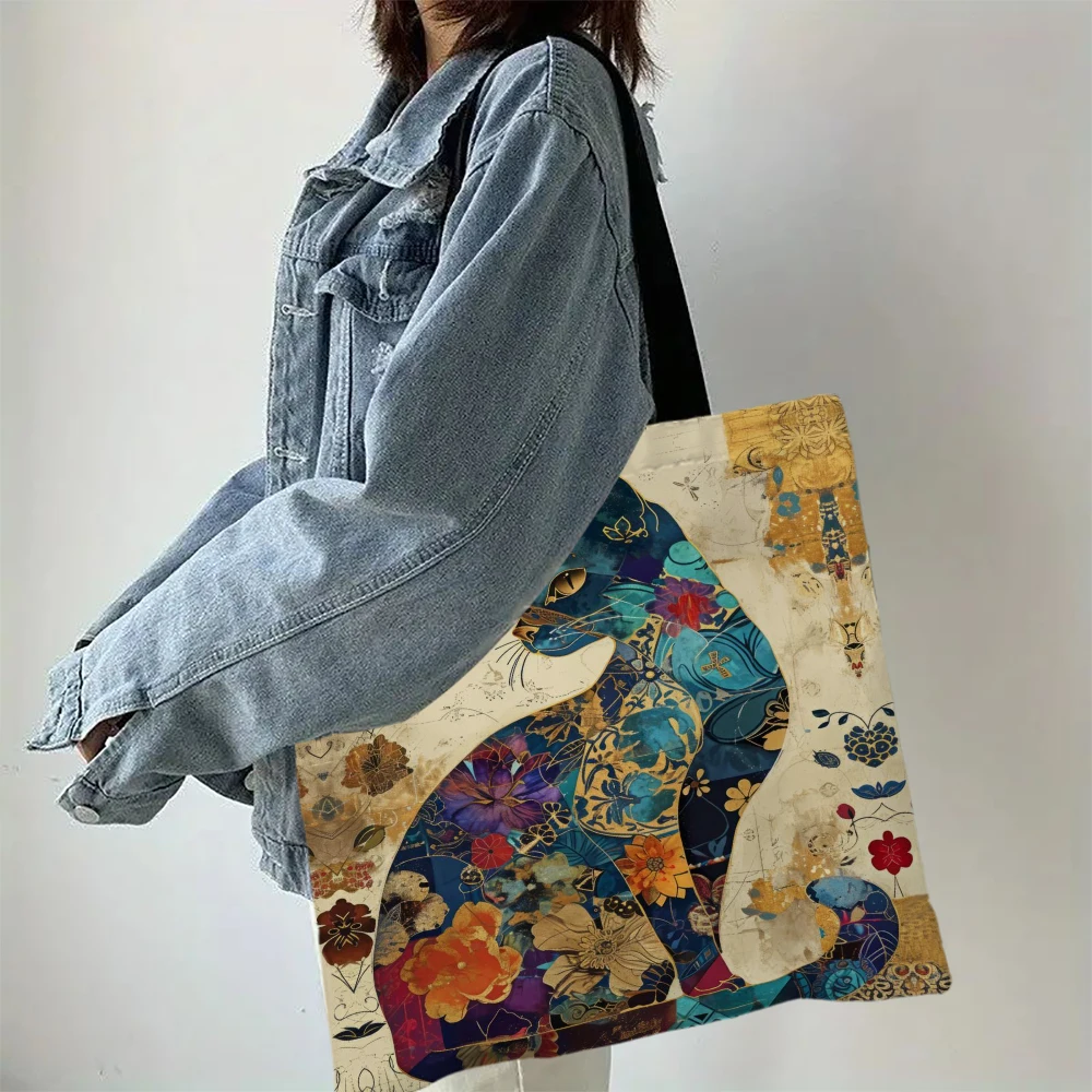 Bolso de mano con diseño floral de gato, bolso de mano decorativo con patrón retro, bolso de hombro de uso informal diario, bolso de compras práctico de gran capacidad