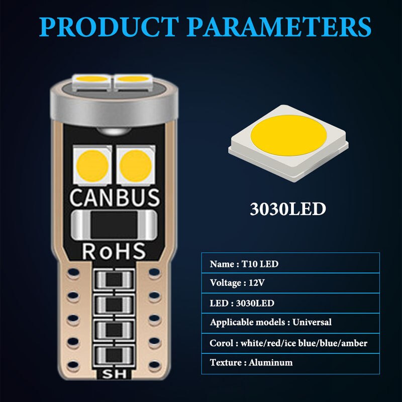 Feux de stationnement de voiture LED super lumineux, ampoules latérales de virage automatiques, Canbus, pas de courageux, T10, W5W, 3030, 6smd, WY5W, 10 pièces