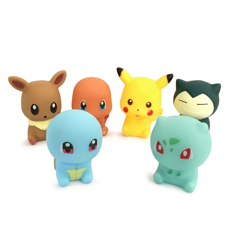 Pokemon Pikachu 6pcs ของเล่นน้ํา 5-6 ซม.Squeak & Float Bath ของเล่นอะนิเมะ Eevee Snorlax Charmander Squirtle Bulbasaur สําหรับชายหญิง