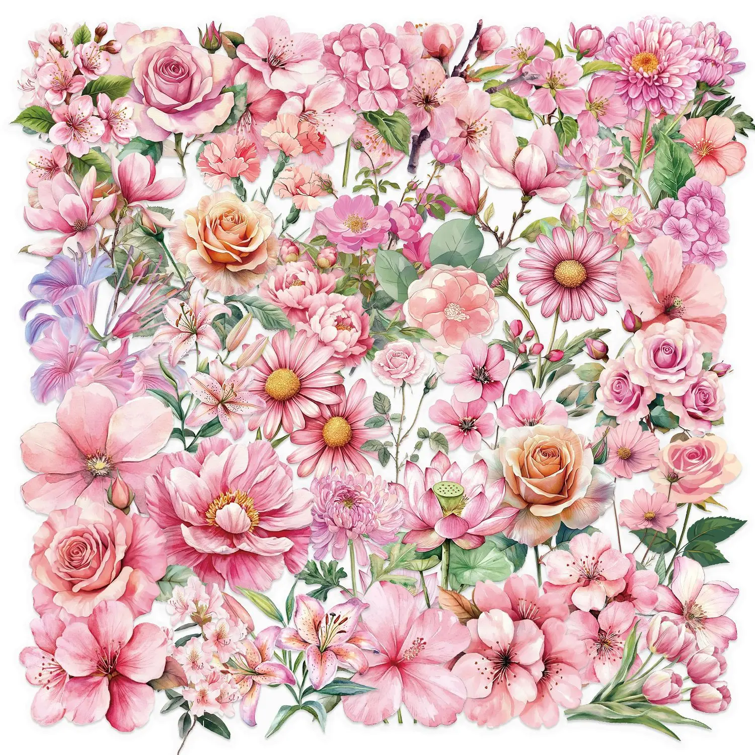 50 pçs rosa floral adesivos flor natural diário caderno garrafa de água decalques decorativos estéticos à prova dwaterproof água pet adesivo