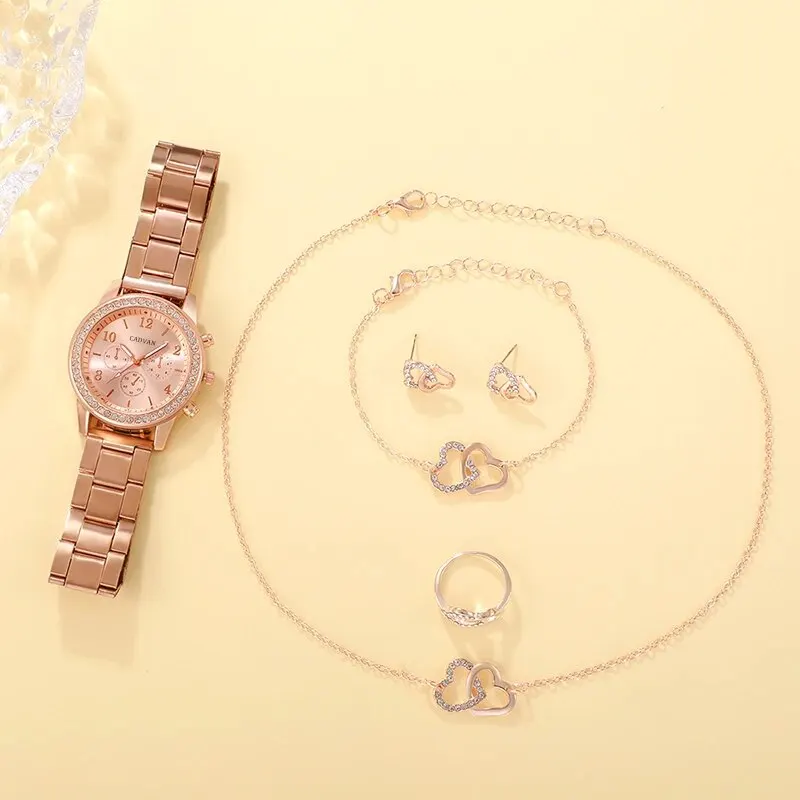 Conjunto de 6 uds. De reloj de lujo de oro rosa para mujer, anillo, collar, pendiente, reloj de pulsera de moda con diamantes de imitación, relojes de pulsera informales para mujer