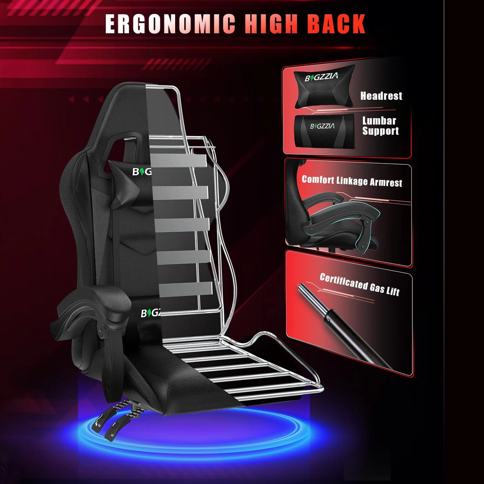 Sedia da gioco RGB Luci a LED Sedia ergonomica per computer Sedia da ufficio reclinabile in pelle PU con schienale alto Supporto lombare regolabile