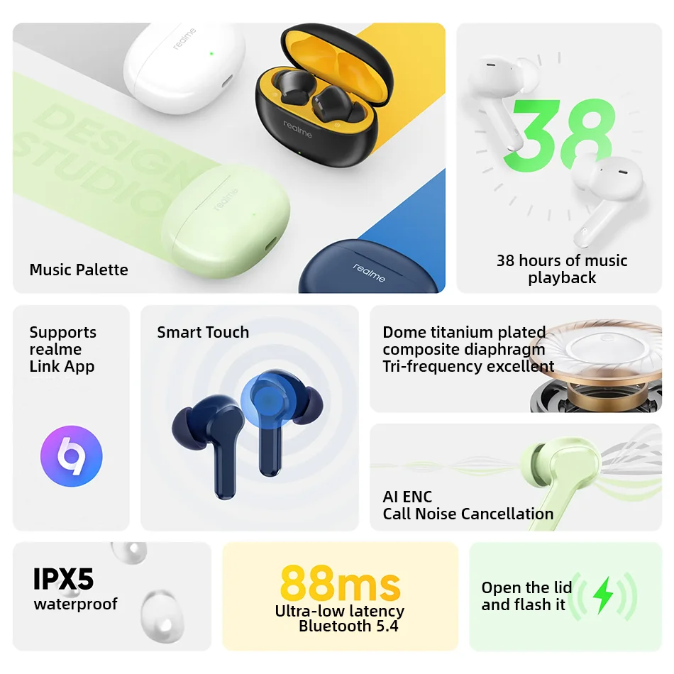 Global Version realme Buds T110 TWS Earphone Bluetooth 5.4 AI ENC Call Cancelling Wireless Headphone 38HourBattery For realme 12